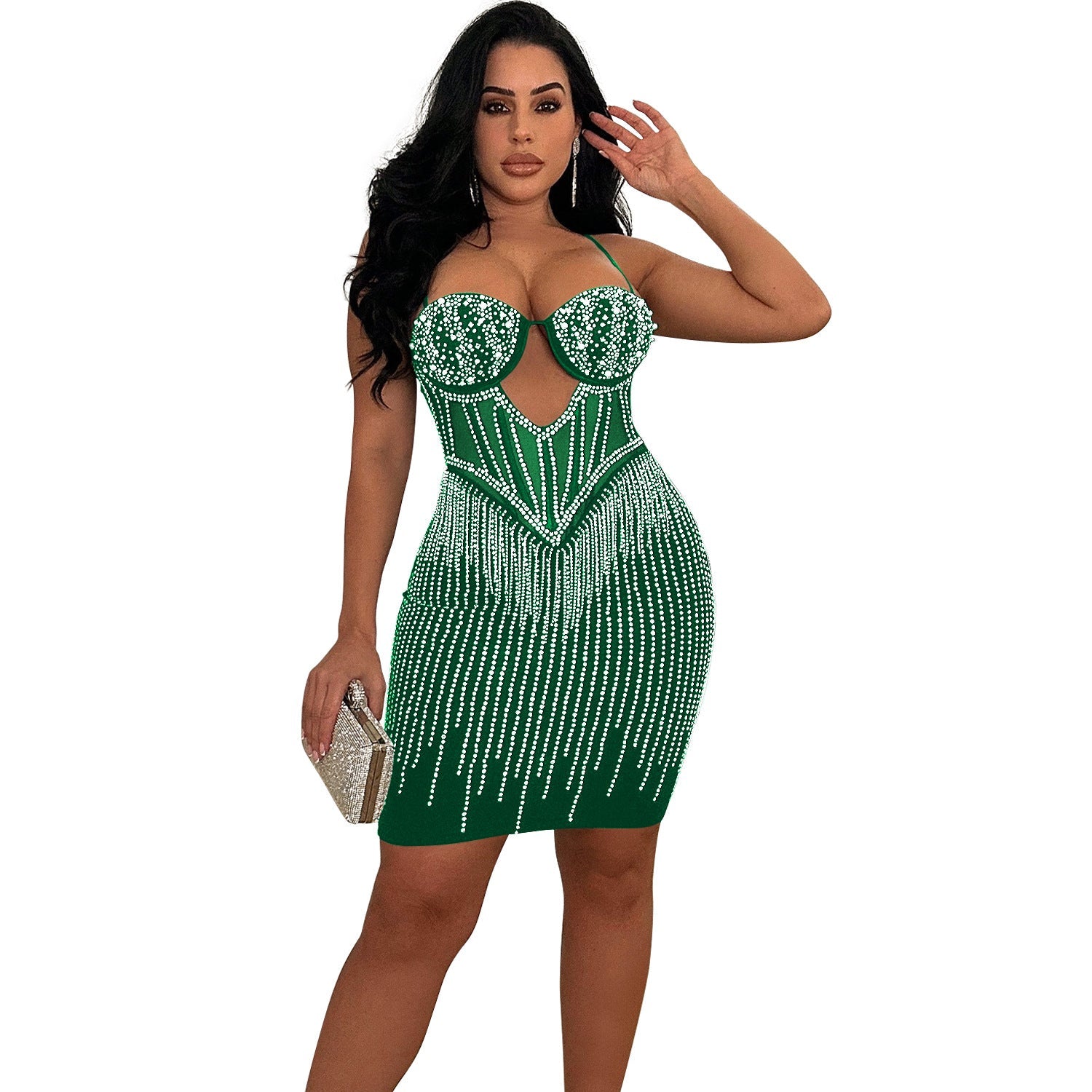 Women’s Solid Color Mesh Rhinestone Slip Dress – Elegant and Sparkling Option for Any Occasion