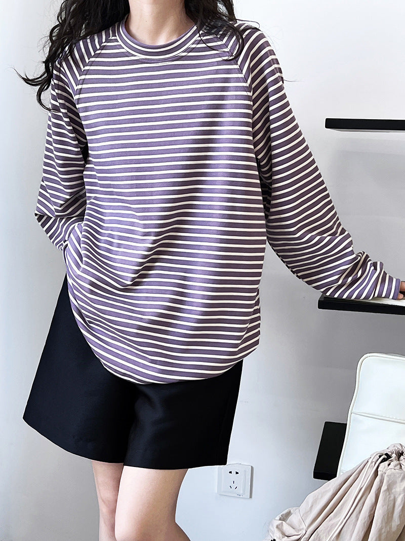 Lazy Pullover Stripe Sweater Women Minimalist Design Loose Retro Raglan Sleeve Top