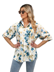 Women’s Summer Printed Single Breasted Short Sleeve Top – Floral Print Blouse