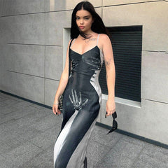 Women Clothing Autumn Casual Body Print Backless Zipper Slim Fit Strap Maxi Dress