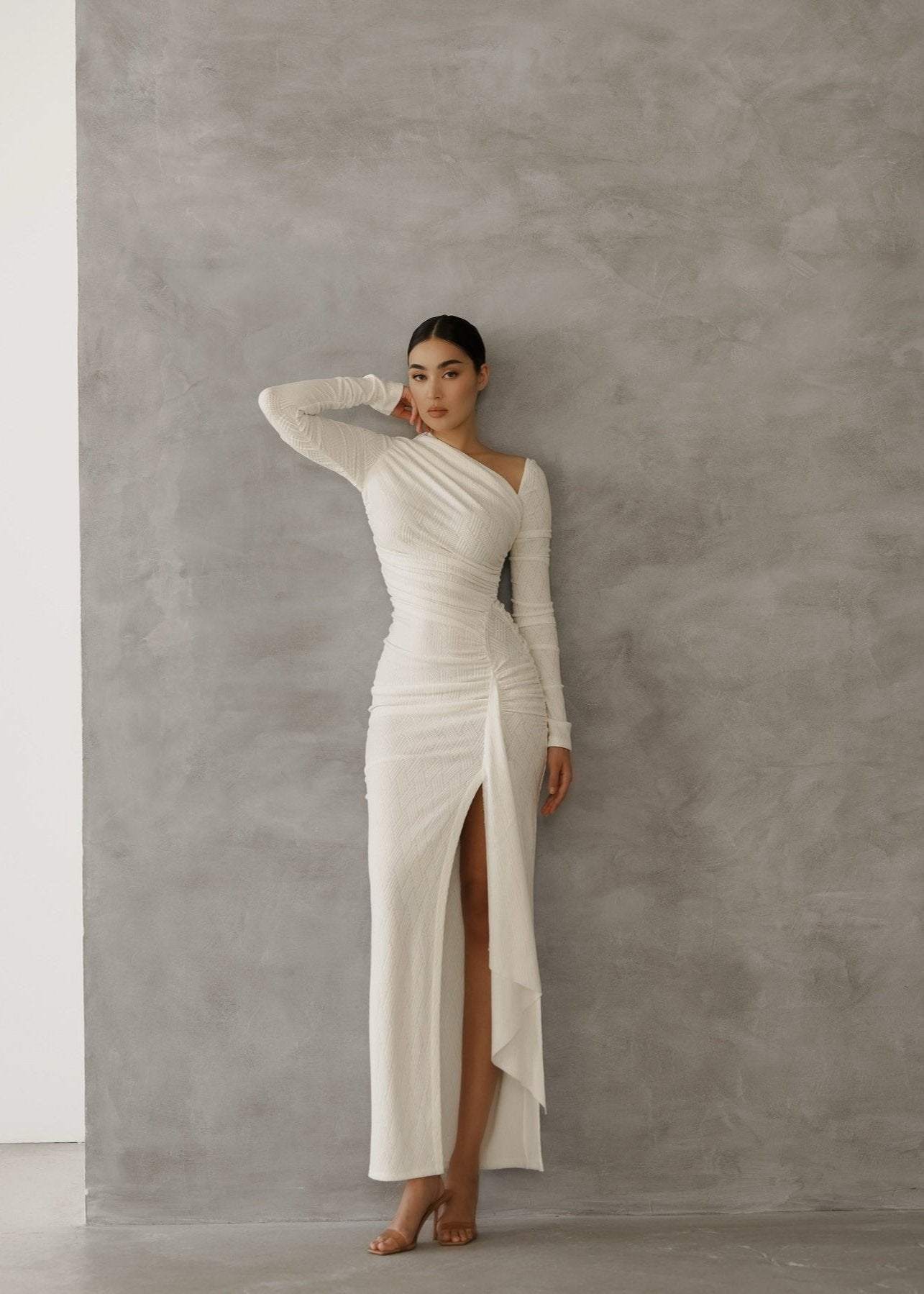 Ivory Elegance Maxi Dress with Asymmetric Draping