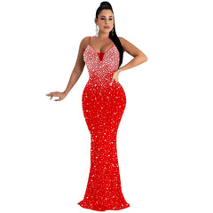 Women Wear Drilling Nightclub Sexy Spaghetti Straps Sleeveless Maxi Dress