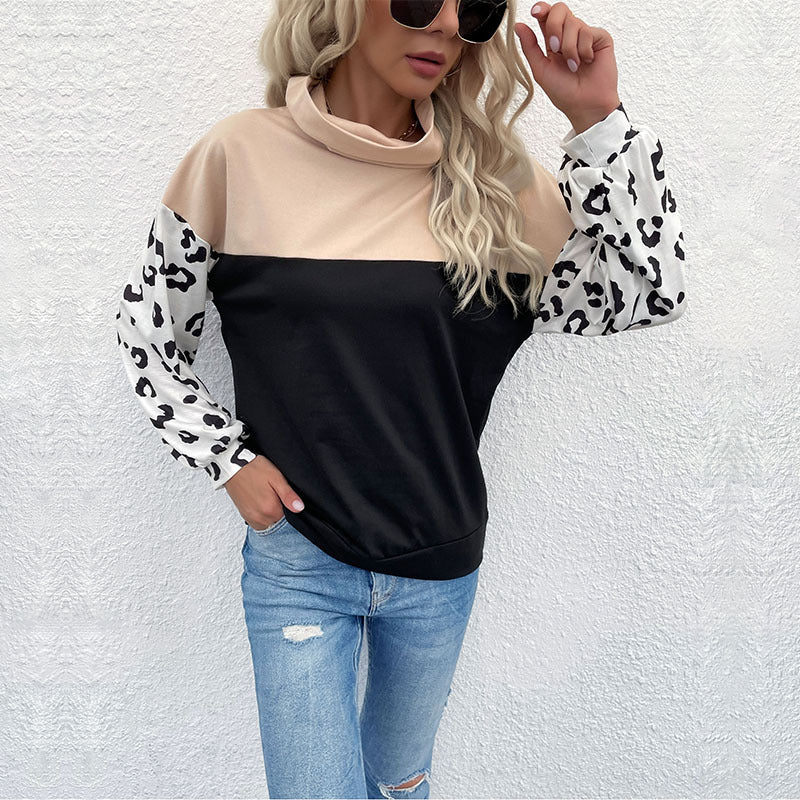 Autumn Winter Casual Top Leopard Print Color Matching Turtleneck Bottoming  Women Sweater