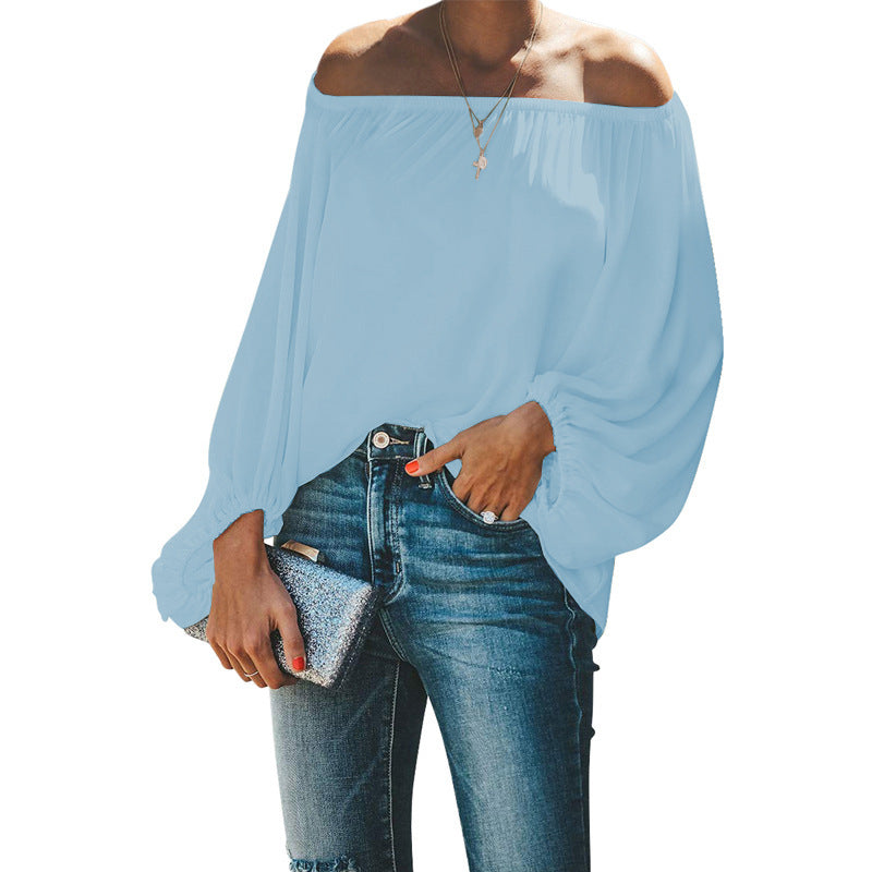 Off Shoulder Top Women Autumn Off Shoulder Solid Color Simple Lantern Sleeve Loose Long Sleeve T Shirt