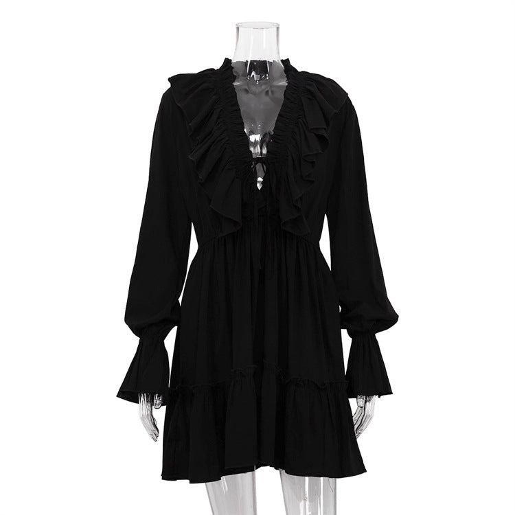 V-neck Pleated Ruffle Waist Long Sleeve Mini Dress