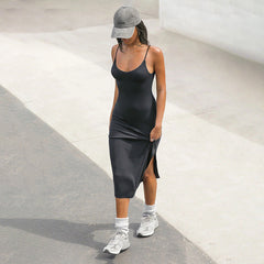 Basic Solid Color Casual Women Wear Sports Tight Backless Adjustable Knitted Cami Dress