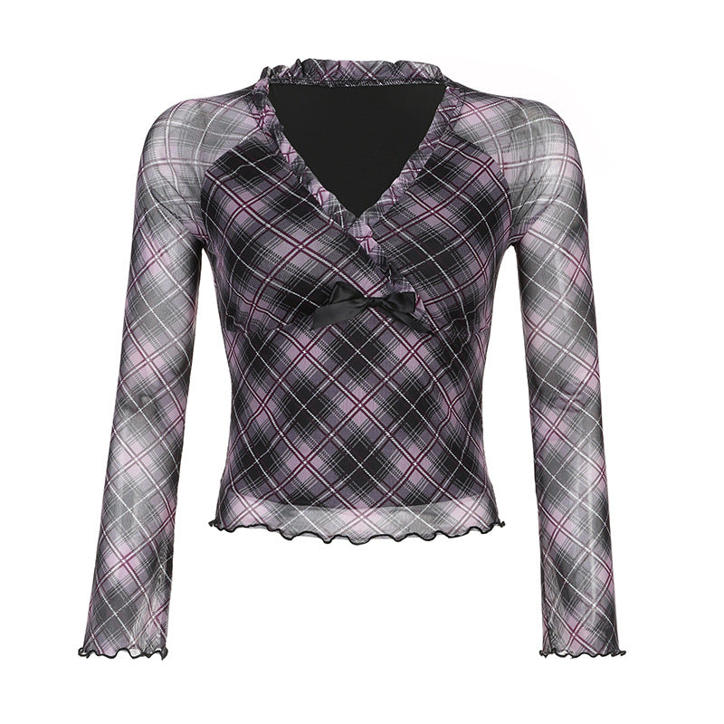 Sexy Small V neck Plaid Color Matching Mesh Light T shirt Bow Slimming Lace Short Top