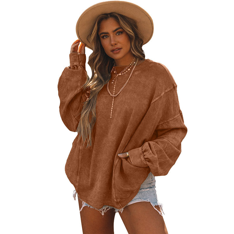 Autumn Solid Color Loose Sweater Women Simple Pullover round Neck Long Sleeves Top Women