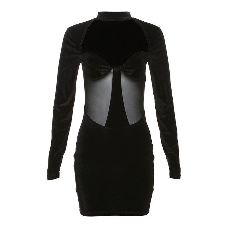 Autumn Winter Women Clothing: Hollowed Out Round Neck Long Sleeve Sheer Mesh Stitching Hip Dress