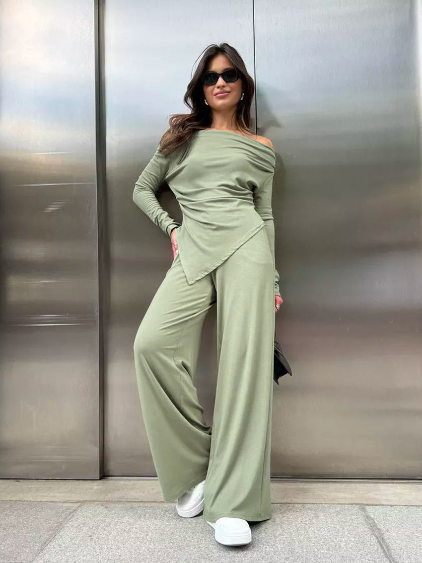 Strapless Ruched Slim Long Sleeve Top Wide Leg Pants Set