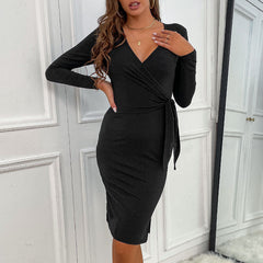 Women’s Slim Black V Neck Long Sleeve Inner Dress – Bottoming Dress