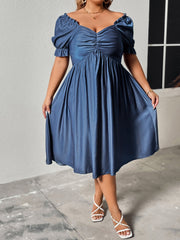 Plus Size Women Clothing Summer Elegant High Sense Square Neck Cinched Slimming Dress