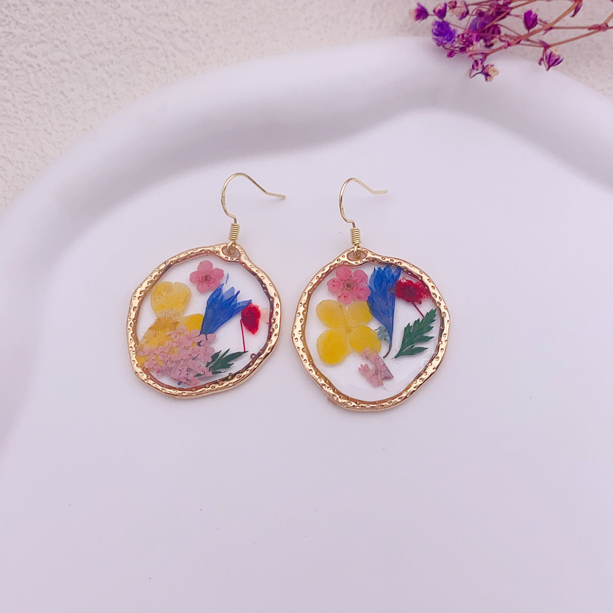 Drop Glue Multicolour Dried Flower Gold Earrings