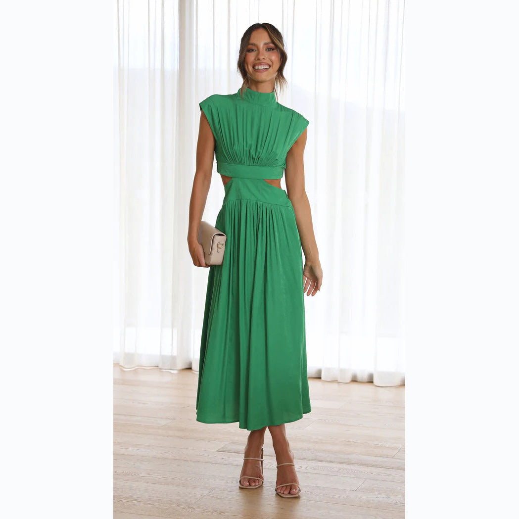 Sweet Street Summer Stand Collar Solid Color Cropped Outfit Maxi Dress