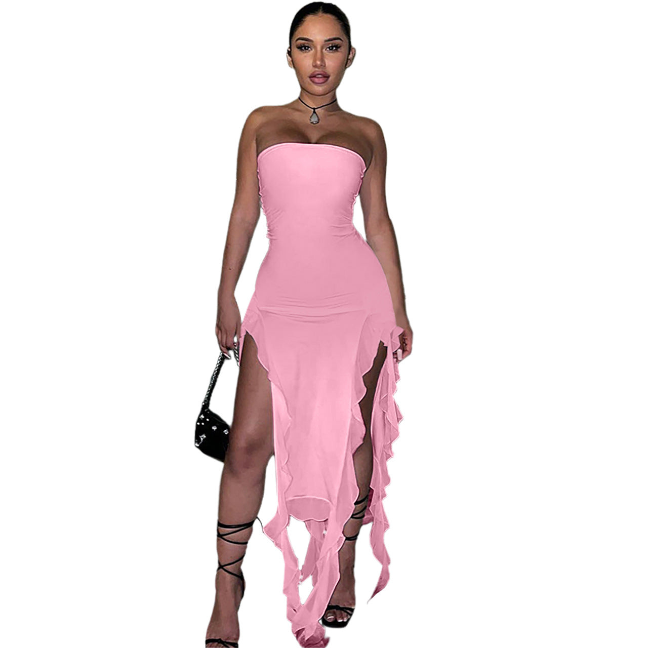 Women’s Elegant Mesh Patchwork Ruffled Slit Dress – Wrapped Chest Design