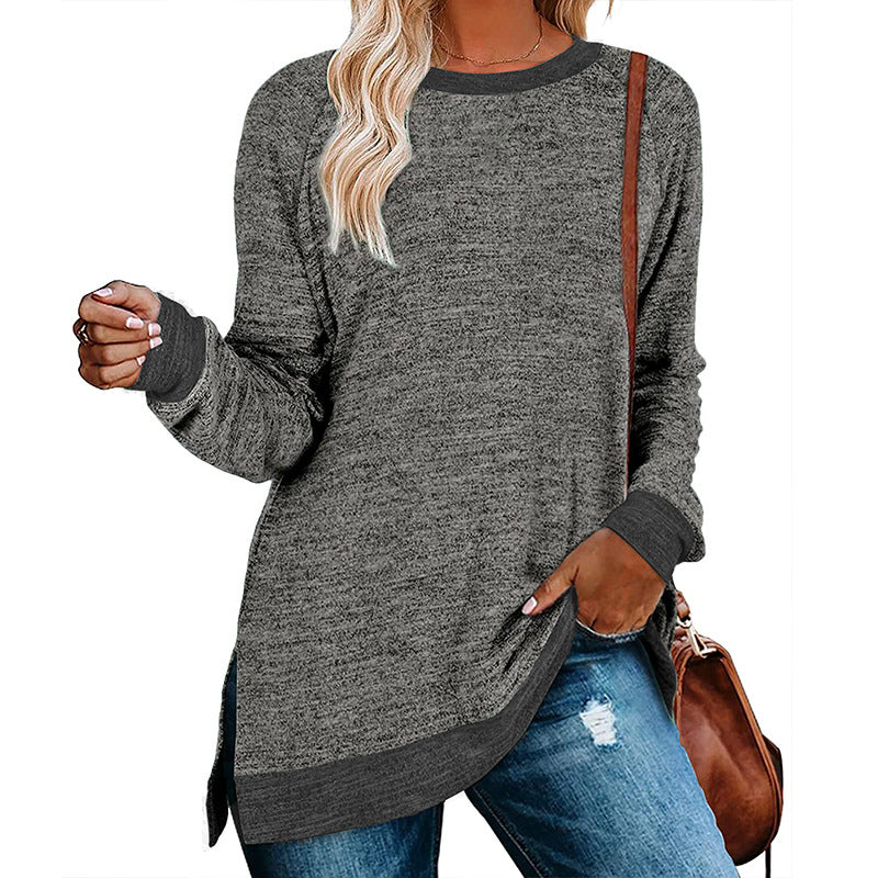 Women Clothing Long Sleeve round Neck Multicolor Split Top Loose Casual Pullover T-shirt