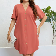 Summer V neck Buckle Loose Dress Women