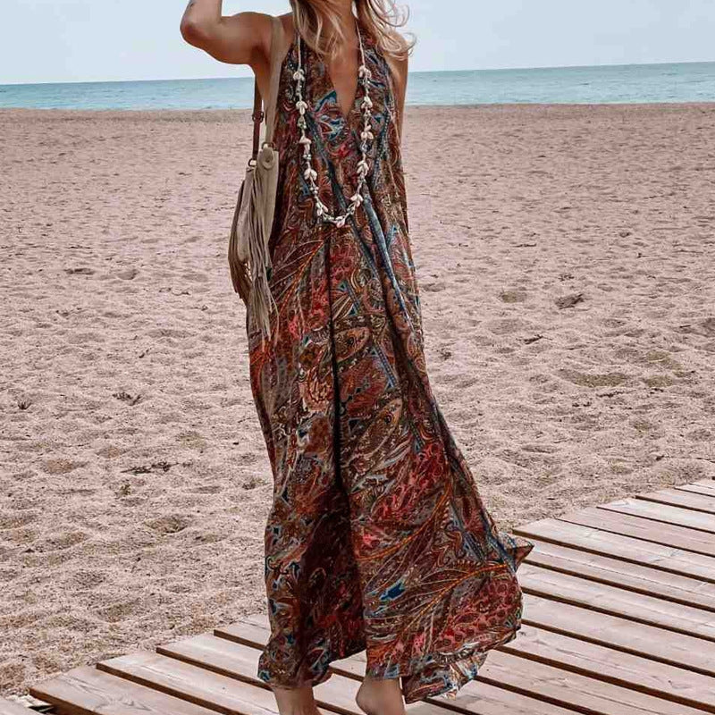 Women Clothing Spring Summer Arrival Printing V-neck Halter Bohemian Maxi Dress