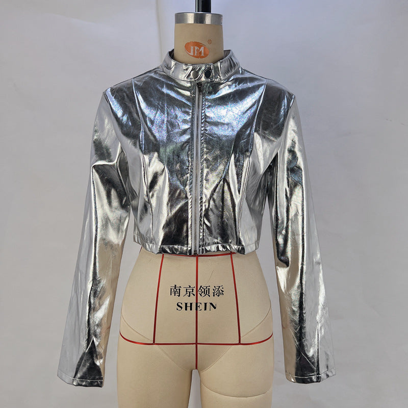 Metallic Coated Fabric Women’s Fall Winter Faux Leather Jacket with Metal Collar and Zipper