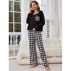 Pajamas Women Spring Autumn Plaid Long Sleeve Cardigan Homewear Two Piece Set