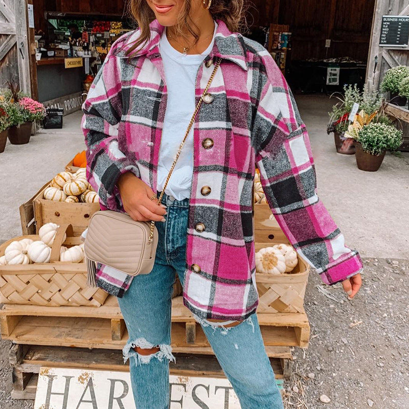 Women Autumn Winter Internet Celebrity Long Sleeve Collared Loose Plaid Shacket Jacket