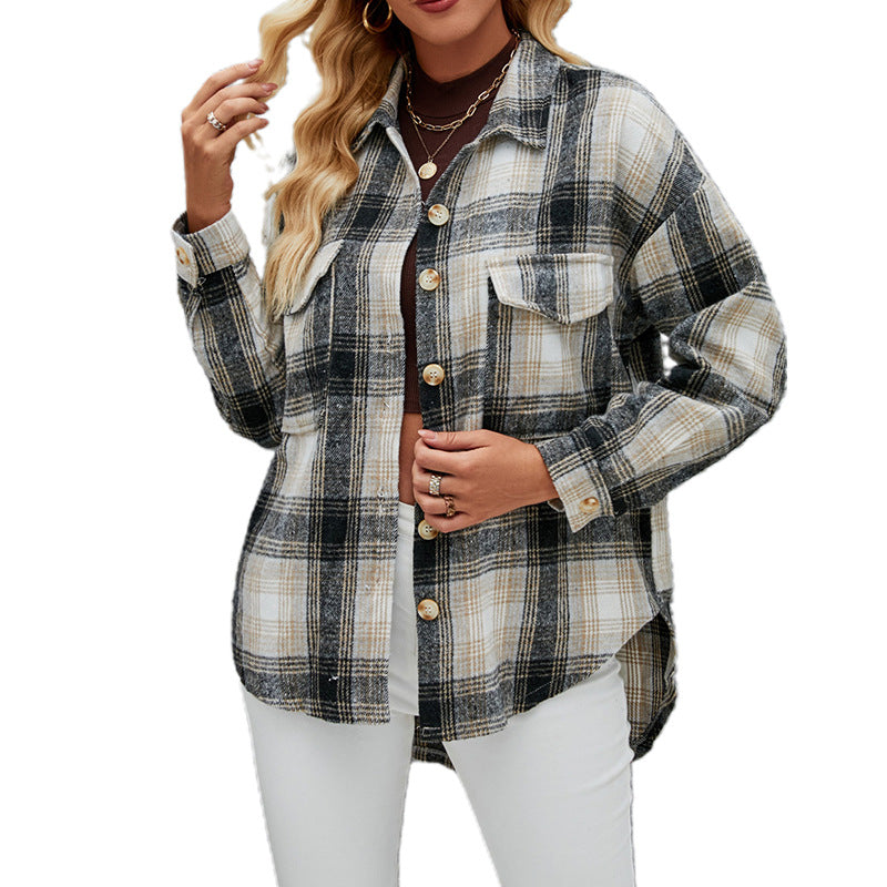 Women Autumn Winter Long Sleeve Loose Plaid Shirt Woolen Coat for Women