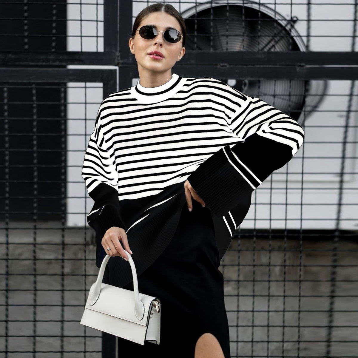 Autumn Winter Women  Clothing Turtleneck Knitting Striped Loose Sweater Top