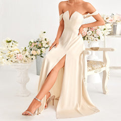 Apricot Tube Top V neck High Slit A line Dress Wedding Bridesmaid Dress Evening Maxi Dress