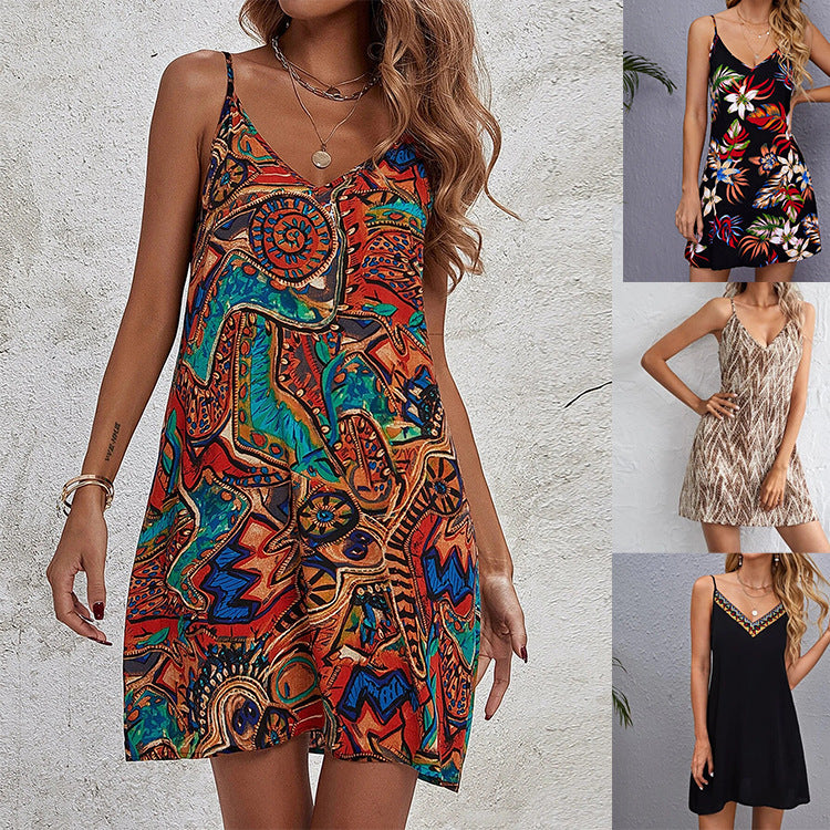 Summer Sexy V-neck Strap Backless Print Beach Boho Short Dress for Women – Floral Print Mini Dress