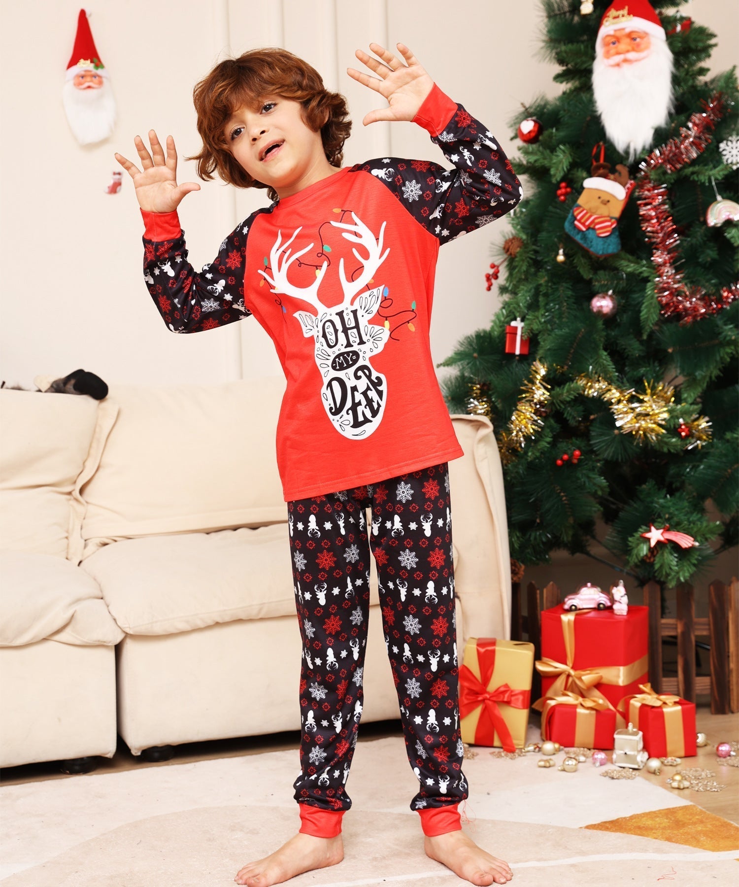 Red Christmas Snow Deer Fmalily Matching Pajamas Sets (with Pet's dog clothes)