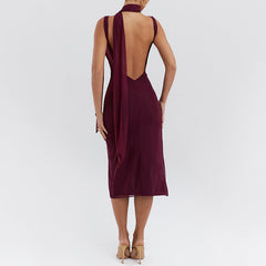 Sexy Mesh Stitching Swing Collar Sleeveless Split Backless Hip Dress