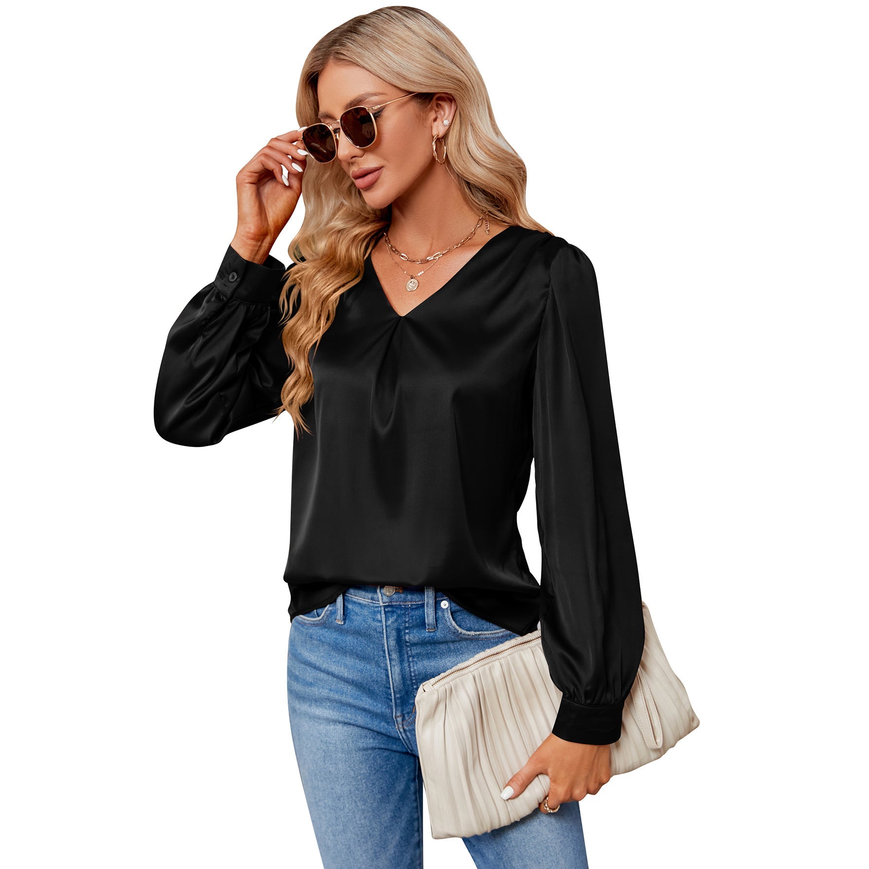 Women Satin Pleated Long Sleeved Top V Neck Casual Loose Work Office Satin Shirt