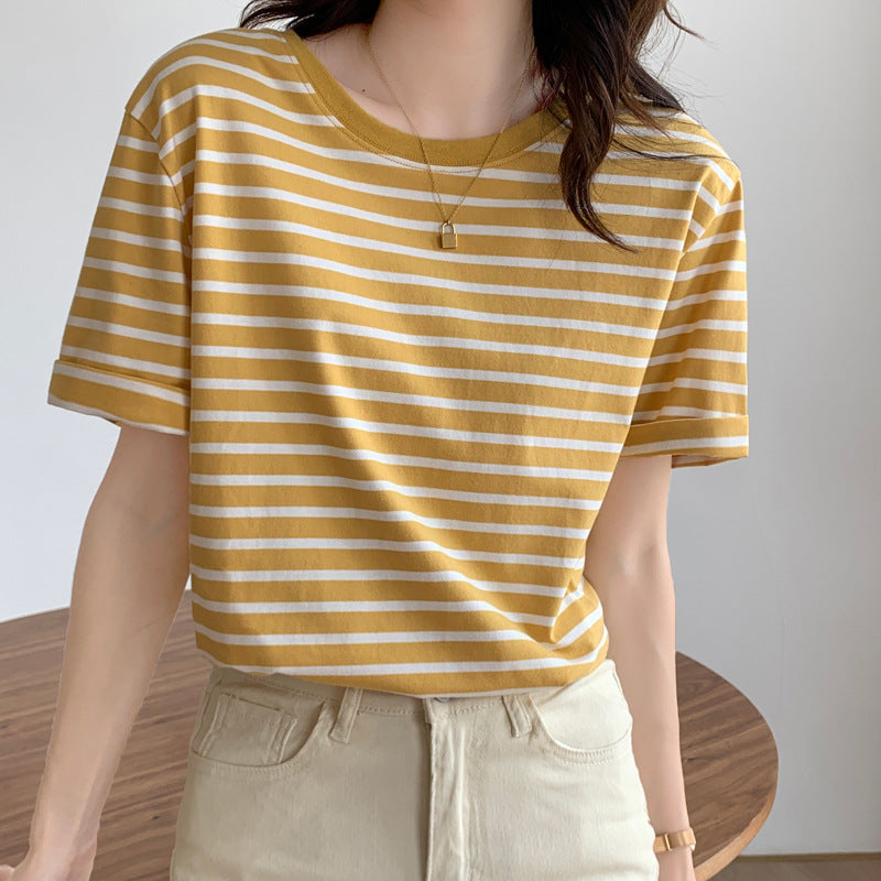 Women’s Green Striped Short Sleeve Summer T-Shirt – Loose Fit Cotton Top