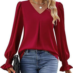 Women Clothing Autumn Winter Solid Color Chiffon Shirt V Neck Pullover Horn Long Sleeve Top Shirt