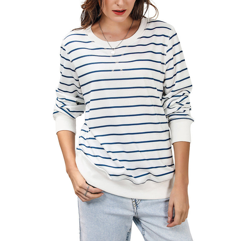 Early Autumn Striped Long Sleeved Top – Women’s Casual Loose Fitting Pullover