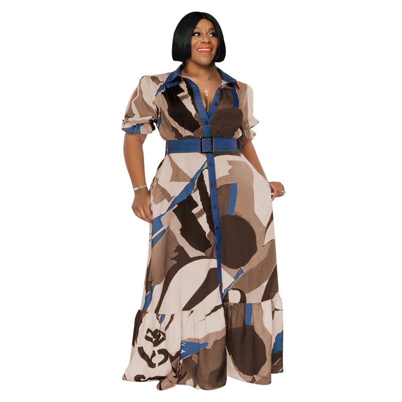 Plus Size Summer  Color Printing with Belt Loose  Women Clothing Dress