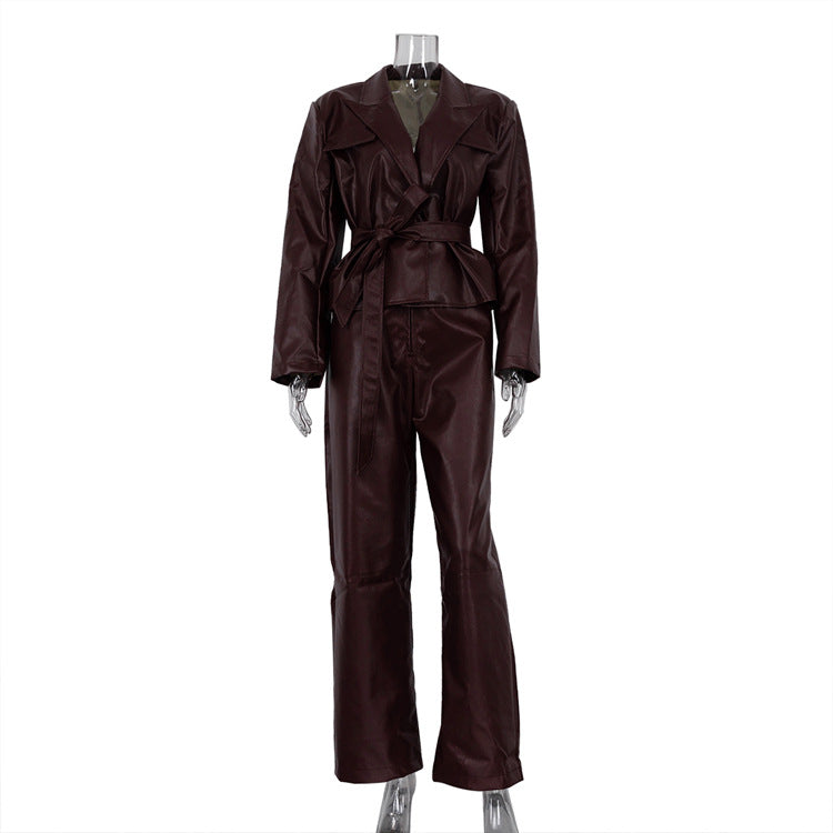 Faux Leather Jacket And Pants Suit