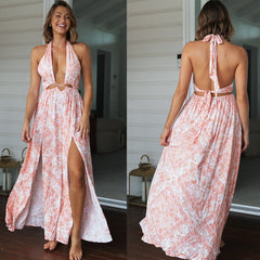 Printed Halter Pink Maxi Dress with Split – Women’s Vacation Dress