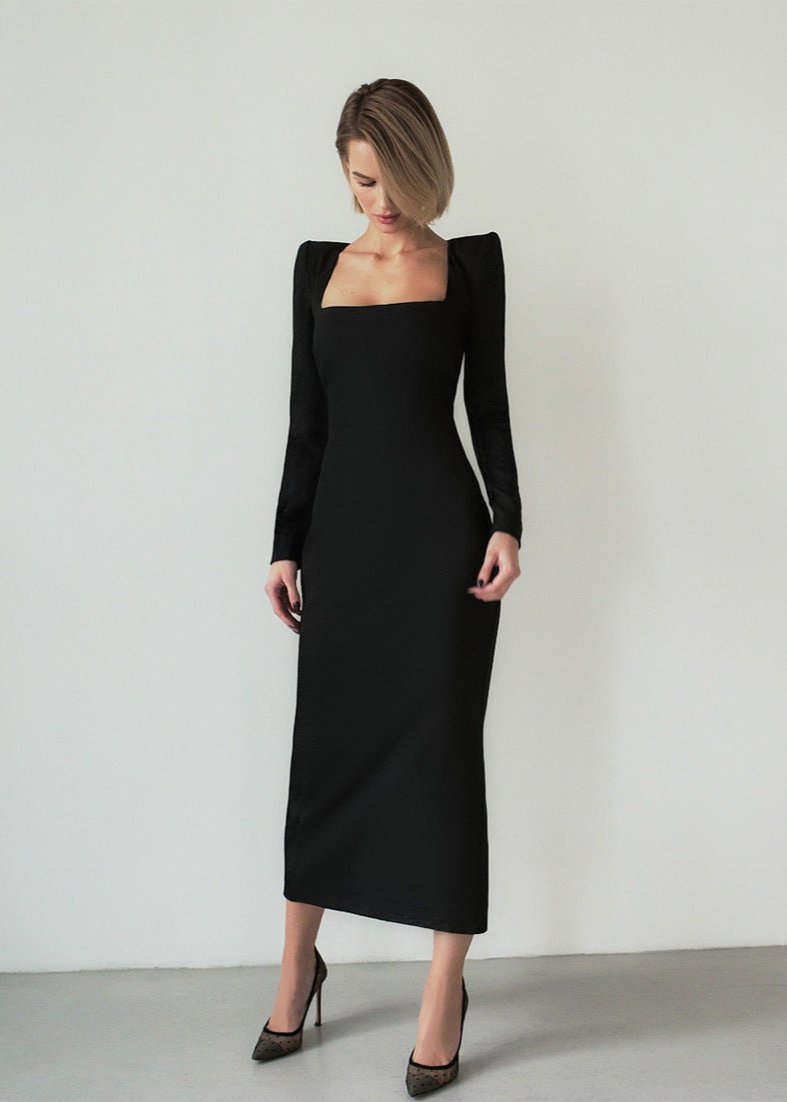 Luxe Long Sleeve Black Midi Dress