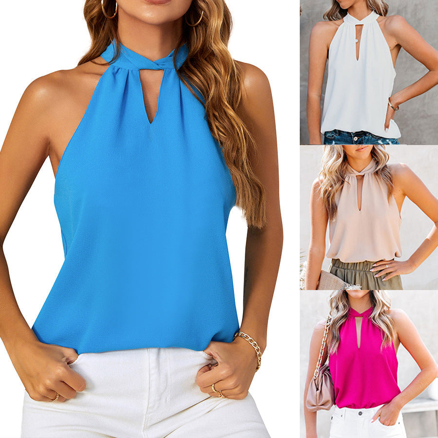 Women Clothing Summer Women Clothing Halter Lace-up Chiffon Vest Sleeveless Top Twisted