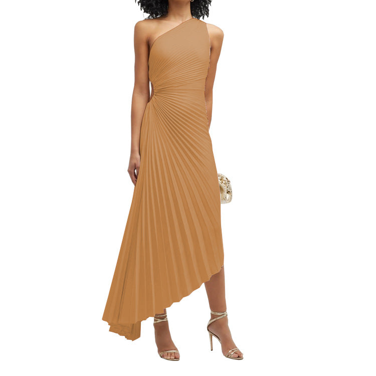 Women Clothing One Shoulder Pleated Color Light Color Series Irregular Asymmetric Dress