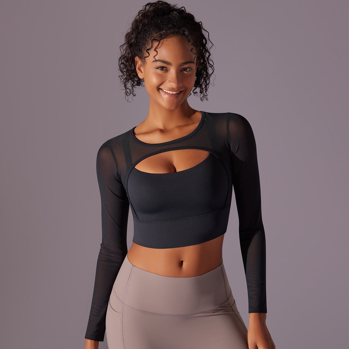 Sexy Mesh Yoga Clothes Long Sleeve Chest Pad Running Sports Bra Top