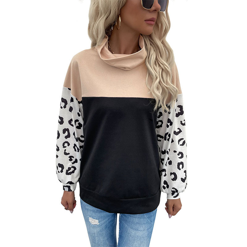 Autumn Winter Casual Top Leopard Print Color Matching Turtleneck Bottoming  Women Sweater