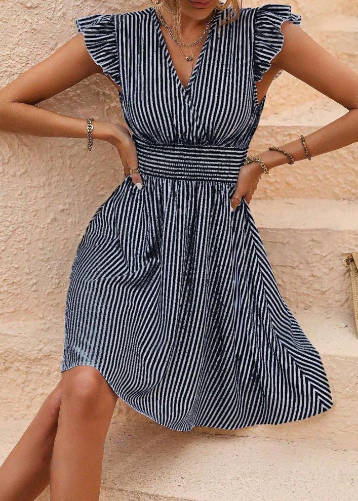 Striped Flutter Sleeve A-Line Dress