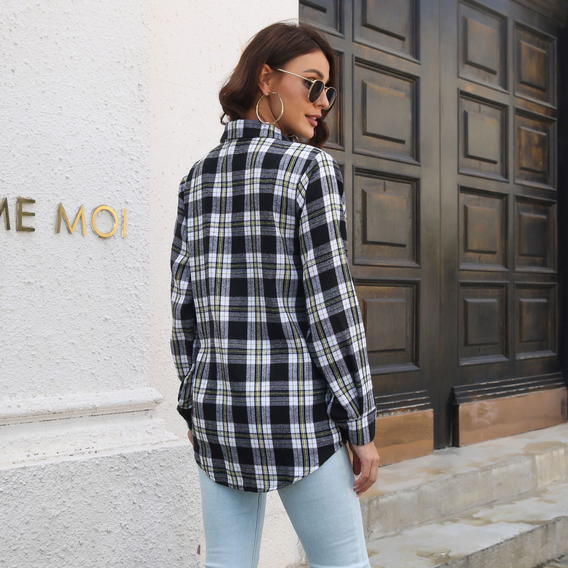 Plaid Shirt Brushed Long Sleeve Mid-Length Loose Shirt Women Top Women Clothing