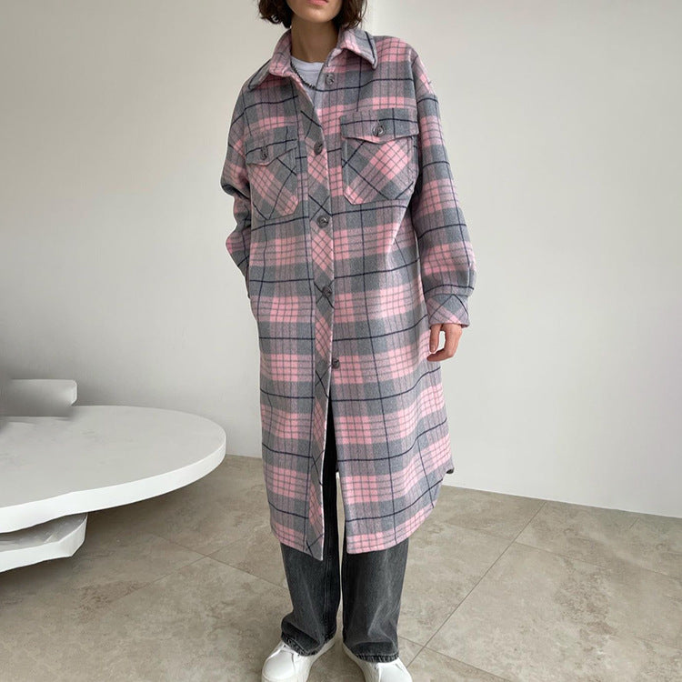 Autumn Winter Women  Clothing Long Sleeve Collared Plaid Coat Casual Woolen Long Cut Coat