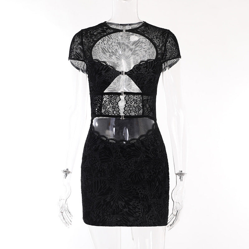 Autumn Sexy Slim Hip Short Flocking Lace Hollow Out Cutout Dress Women