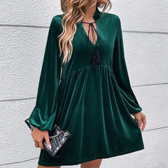 Women Clothing Autumn Winter Waist Large Dress Puff Sleeve Era Long Sleeve Velvet Dress