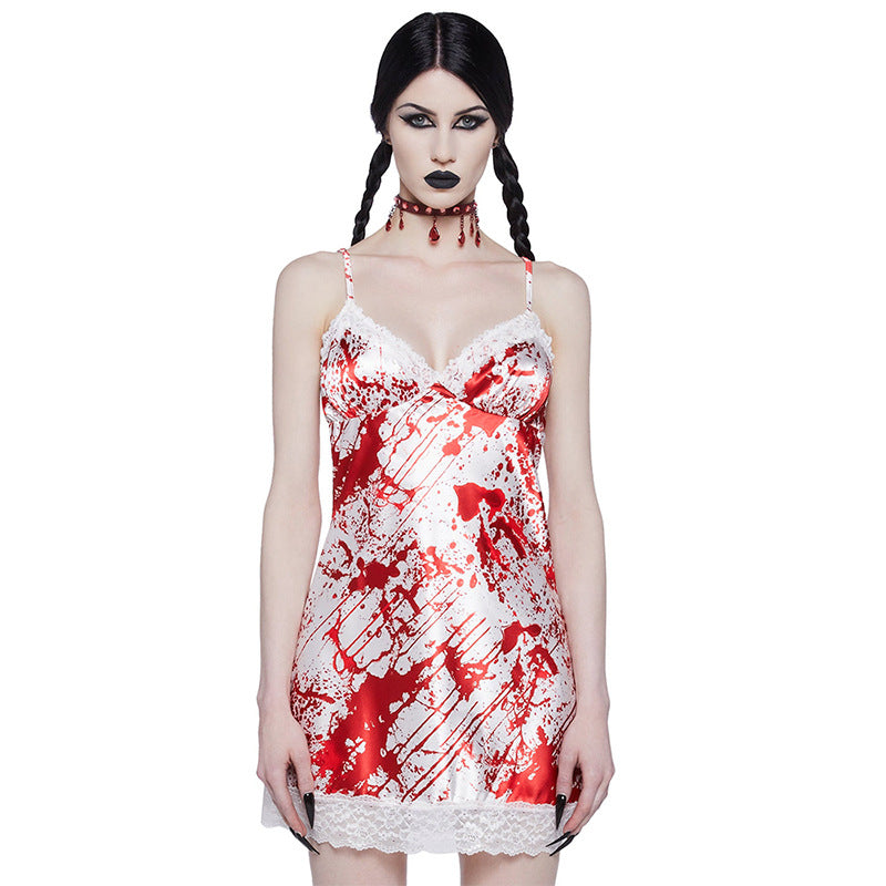 Cool Blood Mark Printed V Neck Lace Edge Short Strap Dress Women Backless