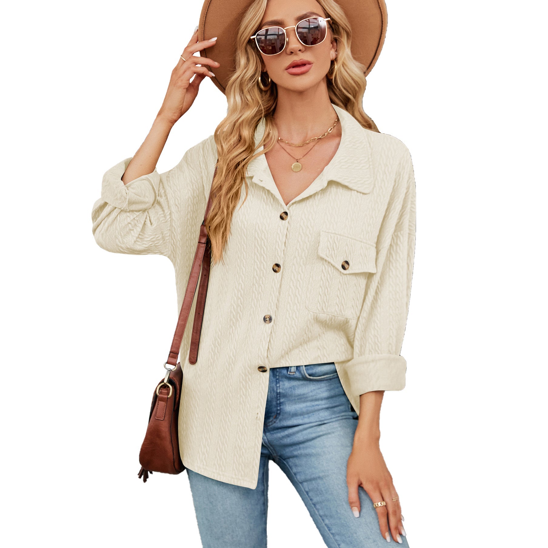 Solid Color Polo Collar Button Pocket Long Sleeve Loose Fitting Coat Top Women